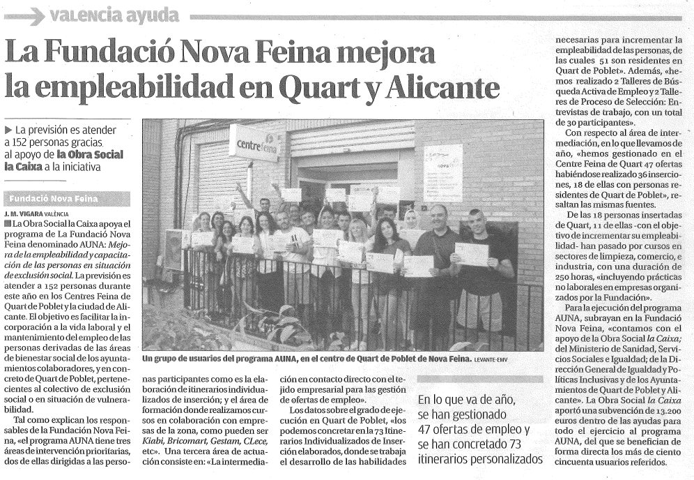 Ir a La Fundació Nova Feina mejora la empleabilidad en Quart y Alicante